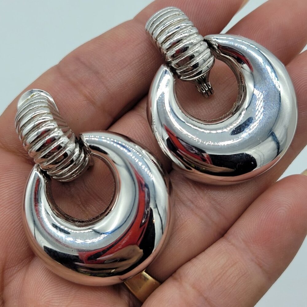 Vintage Monet Silver Tone Door Knocker Clip On Earrings Timeless Classic